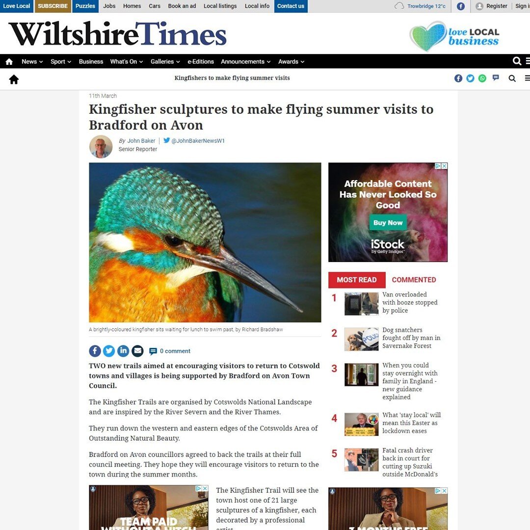 We got a nice mention in the Wiltshire Times thank you so much! And to Senior Reporter John Baker for the great article.⠀
&quot;TWO new trails aimed at encouraging visitors to return to Cotswold towns and villages are being supported by Bradford on Avon Town Council. ⠀
⠀
The Kingfisher Trails are organised by Cotswolds National Landscape and are inspired by the River Severn and the River Thames. They run down the western and eastern edges of the Cotswolds Area of Outstanding Natural Beauty. Bradford on Avon councillors agreed to back the trails at their full council meeting. They hope they will encourage visitors to return to the town during the summer months. The Kingfisher Trail will see the town host one of 21 large sculptures of a kingfisher, each decorated by a professional artist. A council spokeswoman said: &quot;Our kingfisher will make two visits to the town, the first in June, and then returning in August.&quot;